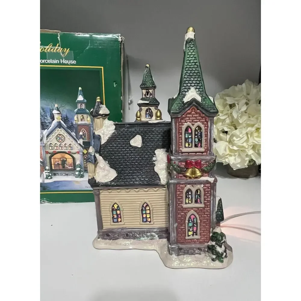 Holiday‎ Lighted Porcelain House Church Singing Choir Original Box Pre-owned